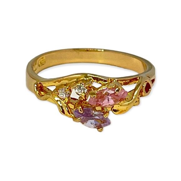 Vintage Ring Size 8 Pink Purple Clear Cubic Zirconia Gold Plate Mid-Century 14L - Picture 8 of 10